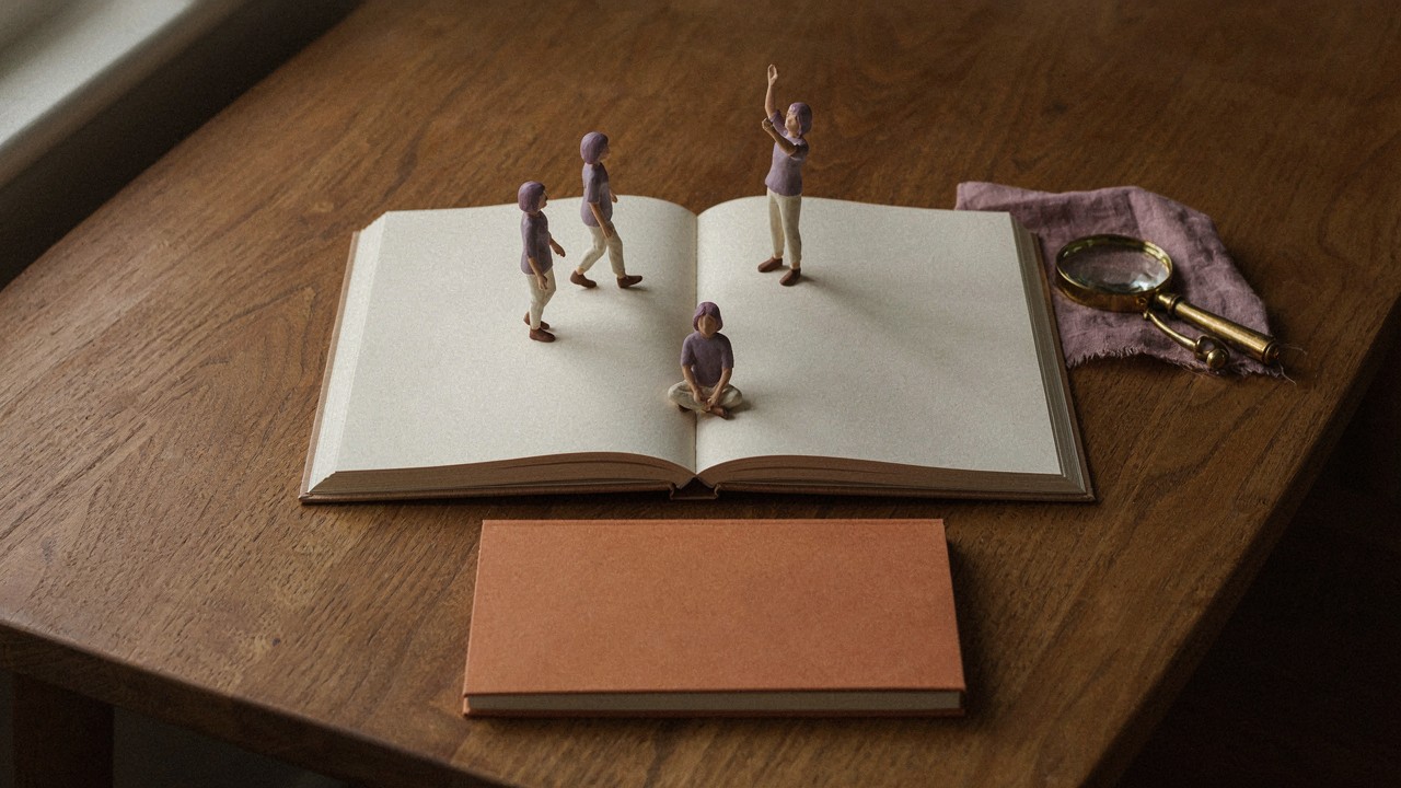 Libro abierto con personajes en poses diferentes, lupa y objetos editoriales sobre una mesa morada